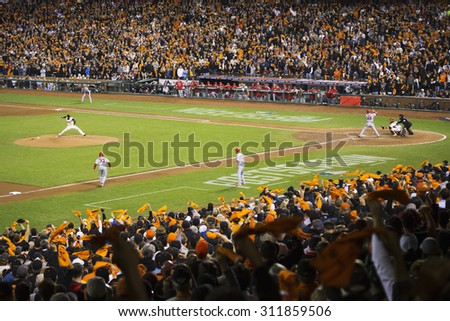 San Francisco, California, USA, October 16, 2014, AT&T Park, baseball stadium, SF Giants versus St. Louis Cardinals, National League Championship Series (NLCS), crowd watches game