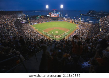 San Francisco, California, USA, October 16, 2014, AT&T Park, baseball stadium, SF Giants versus St. Louis Cardinals, National League Championship Series (NLCS), crowd watches game elevated view