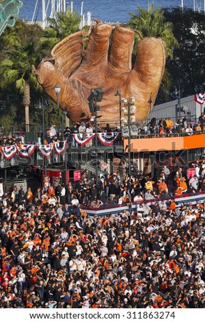 San Francisco, California, USA, October 16, 2014, AT&T Park, baseball stadium, SF Giants versus St. Louis Cardinals, National League Championship Series (NLCS), giant glove and crowd leftfield