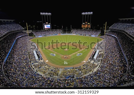 Grandstands overlooking home plate at National League Championship Series (NLCS), Dodger Stadium, Los Angeles, CA on October 12, 2008