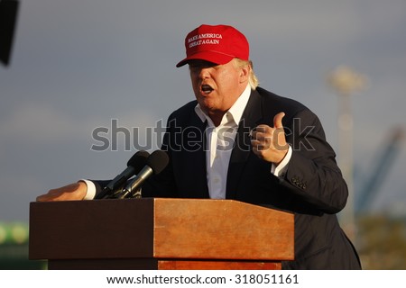 September 15, 2015, Donald Trump, 2016 Republican presidential candidate, speaks during a rally aboard the Battleship USS Iowa in San Pedro, Los Angeles, California