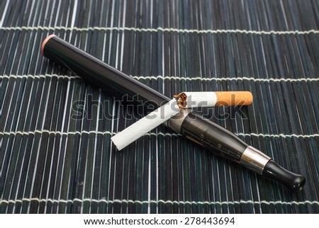 Photo of electronic Cigarette and liquid on wooden background