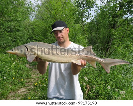 Happy fisherman holding a beautiful sturgeon