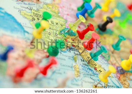 Map of Europe with cities marked. city on the world map marked buttons.