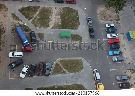 Car park in the yard top view. Belarus,Minsk,August ,10,2014