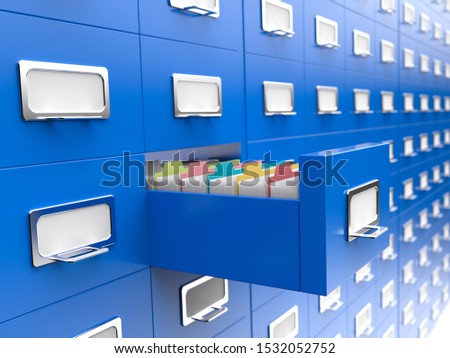 File storage, large chest of drawers full of folders with an open drawer. 3d render. Сток-фото © 