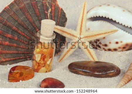 amber in bottle, amber stone, starfish and seashells in sand