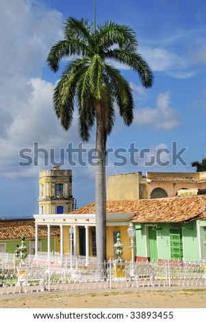 Detail of trinidad town plaza with royal palm, cuba