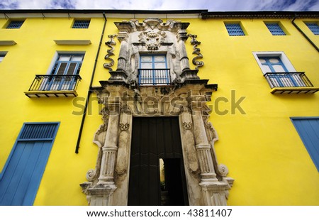 Detail of luxurious entrance on Havana building facade, Obrapia House