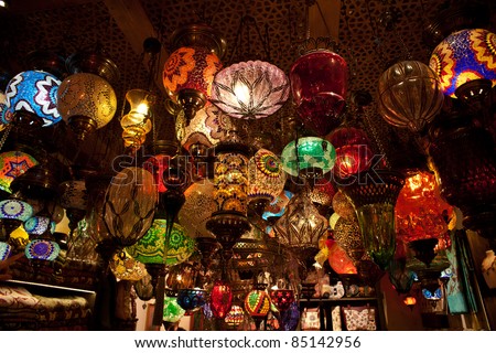 Colorful Turkish lanterns in the Grand Bazaar of Istanbul, Turkey. A popular souvenir for Tourists