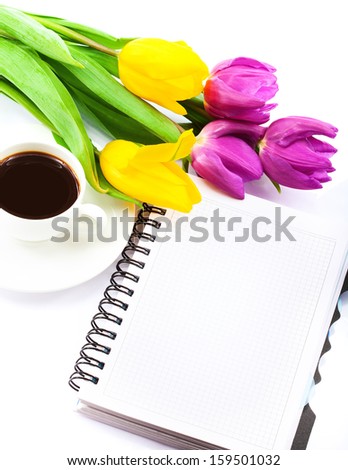 Flowers and Cup of Coffee. Notebook, place for text, Card for Mother\'s Day, Valentine\'s Day