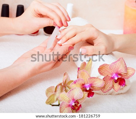 Manicure and pedicure and body care at spa.