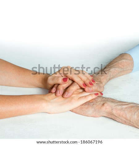 Care is at home of elderly.  Old man hands. Space for text