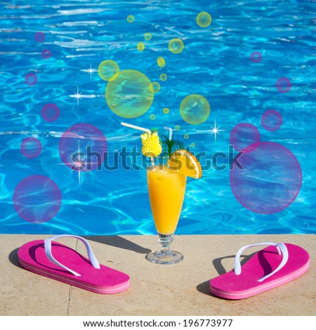Summer vacation at the beach. Sun, sea and the hotel on the beach. Unusual view of summer beach. Pool, juice, cocktail. Bokeh background.