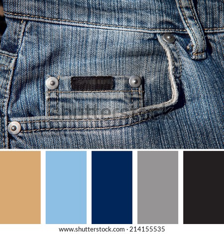 Clothes jeans, fashion cloth denim texture cloth denim texture. Background color palette with complimentary color swatches.
