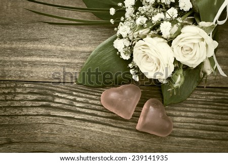Declaration of love, spring. Wedding card, Valentine\'s Day greeting. Wedding hearts. Wedding bouquet, background.