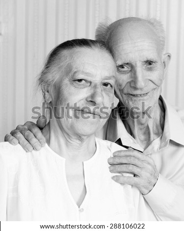 Senior Man, Woman at Home. Concept of Health Care for Elderly Old People, Disabled. Black and white photo
