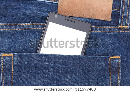 Modern phone in jeans pocket displaying white screen application.