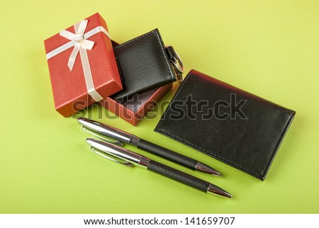 Leather wallet pens and leather key holder in a gift box