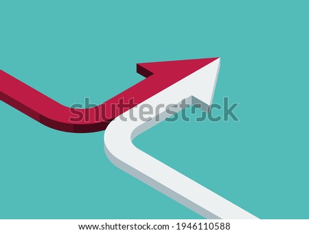 Bent isometric arrow of two red and white ones merging on turquoise blue background. Partnership, merger, alliance and joining concept. 3D illustration