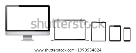 Realistic set of 2021 new design thin frame Computer monitor, laptop, tablet, smart phone - Eps 10 Vector template mock up.