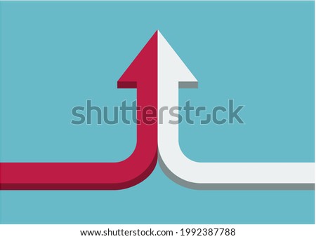 Bent arrow of two red and white ones merging on turquoise blue background. Partnership, merger, alliance and joining concept. 3D vector