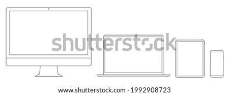 Realistic set of 2021 new design thin frame Computer monitor, laptop, tablet, smart phone - Eps 10 Vector template mock up.