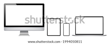 Realistic set of 2021 new design thin frame Computer monitor, laptop, tablet, smart phone - Eps 10 Vector template mock up.