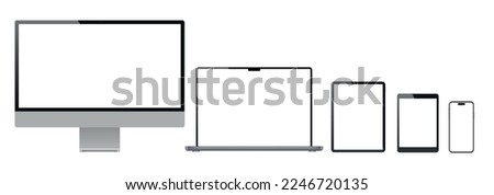 Realistic set of 2023 new design thin frame Computer monitor, laptop, tablet, smart phone - Eps 10 Vector template mock up.