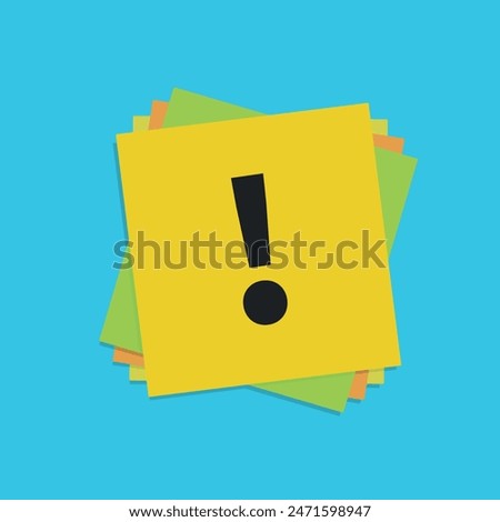 Exclamation mark on notepapers stacked on blue background