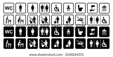 Toilet icon set. No smoking, do not throw trash in toilet, male, female, shower symbol. Toilet for man, female, disabled pictograms