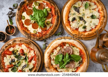 Similar – Image, Stock Photo Pizza with toppings in a hot stone oven