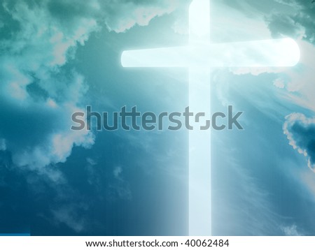 glowing cross in a clear blue sky with clouds