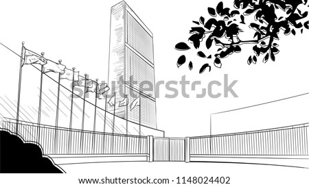 Vector drawing of United Nations Headquarter Building in New York sketchy illustration