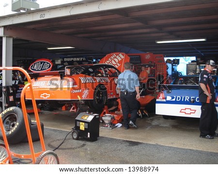 Dover, Delaware September 21 2007: Tony Stewart`s car in the garage after qualifying at Dover International Speedway