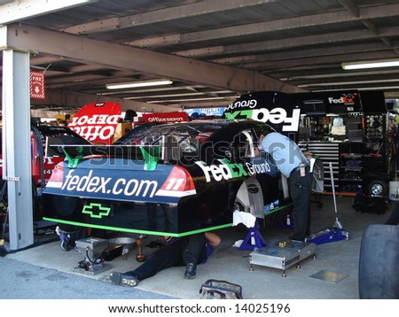 Dover,Delaware september 21 2007: Denny hamlin`s car in the garage at dover international speedway