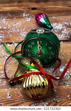 postcard with green old-fashioned clock and Christmas ornaments