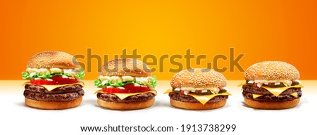 Delicious Double Cheese Beef Burger consists of Bun Bread, Patty, Pickle, Onion, Mayonaisse, Ketchup and Cheddar Cheese in a yellow background for Modern Fast Junk Food Restaurant