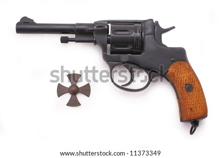 Russian revolver (Nagant M1895 revolver) (example of 1913) with sign of Russian home guard (inscription (clockwise): for faith, tzar (emperor), fatherland. Period of WWI