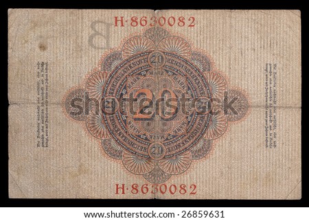 History of Germany. Bank note (bill) of keiser Germany. 20 mark. 1910. Reverse. Path on the black background