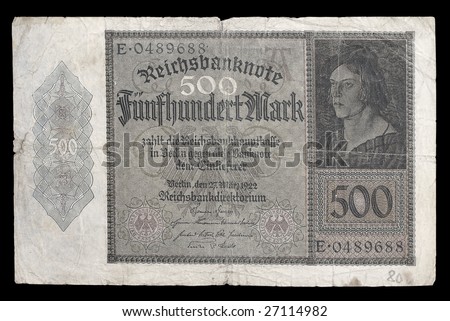 History of Germany. Bank note (bill) of Weimar republic. 500 mark. 1922. Obverse. Path on the black background