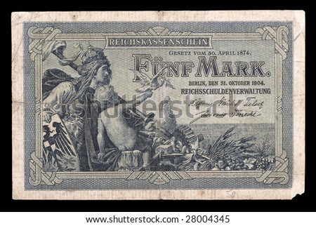 History of Germany. Bank note (bill) of Keiser Germany. 5 mark. 1904. Obverse. Path on the black background