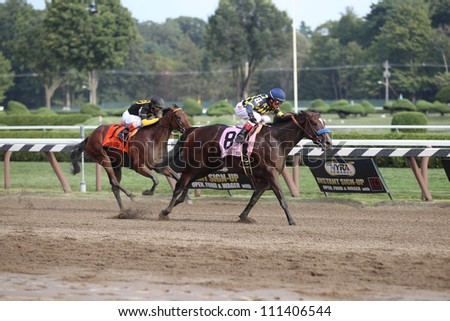 SARATOGA SPRINGS, NY - AUGUST 25: Contested with Rafael Bejarano aboard wins the Grade I TEST STAKES on August 25, 2012 Saratoga Springs, New York