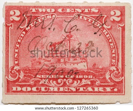 UNITED STATES - CIRCA 1898: Documentary Tax stamp printed in United states (USA), Shows early steam ship , circa 1898
