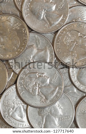 Pile of Unites States Quarter Dollars for Background