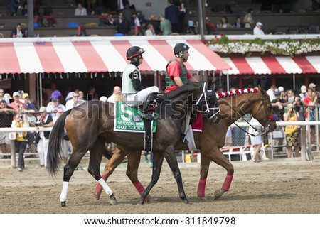 SARATOGA SPRINGS, NY - August 29, 2015: Got Lucky ridden by I Ortiz before the Personal Ensign Stakes on Travers Day at Historic Saratoga Race Course on August 29, 2015 Saratoga Springs, New York