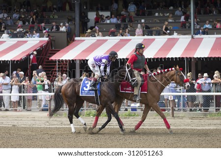 SARATOGA SPRINGS, NY - August 29, 2015: Competitive Edge in the Post Parade for the King\'s Bishop Stakes on Travers Day at Historic Saratoga Race Course on August 29, 2015 Saratoga Springs, New York