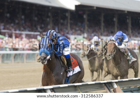 SARATOGA SPRINGS, NY - August 29, 2015: Private Zone ridden by M. Pedroza wins the King\'s Bishop Stakes on Travers Day at Historic Saratoga Race Course on August 29, 2015 Saratoga Springs, New York