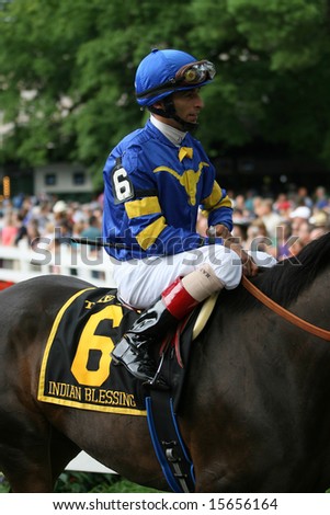 SARATOGA SPRINGS - August 2: John Velazquez  rides Indian Blessing Leaving the Paddock for the 83rd Running of \