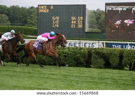 SARATOGA SPRINGS - August 2: Heather's Angel with John Velazquez aboard leads heading for the Finish  August 2, 2008 in Saratoga Springs, NY.